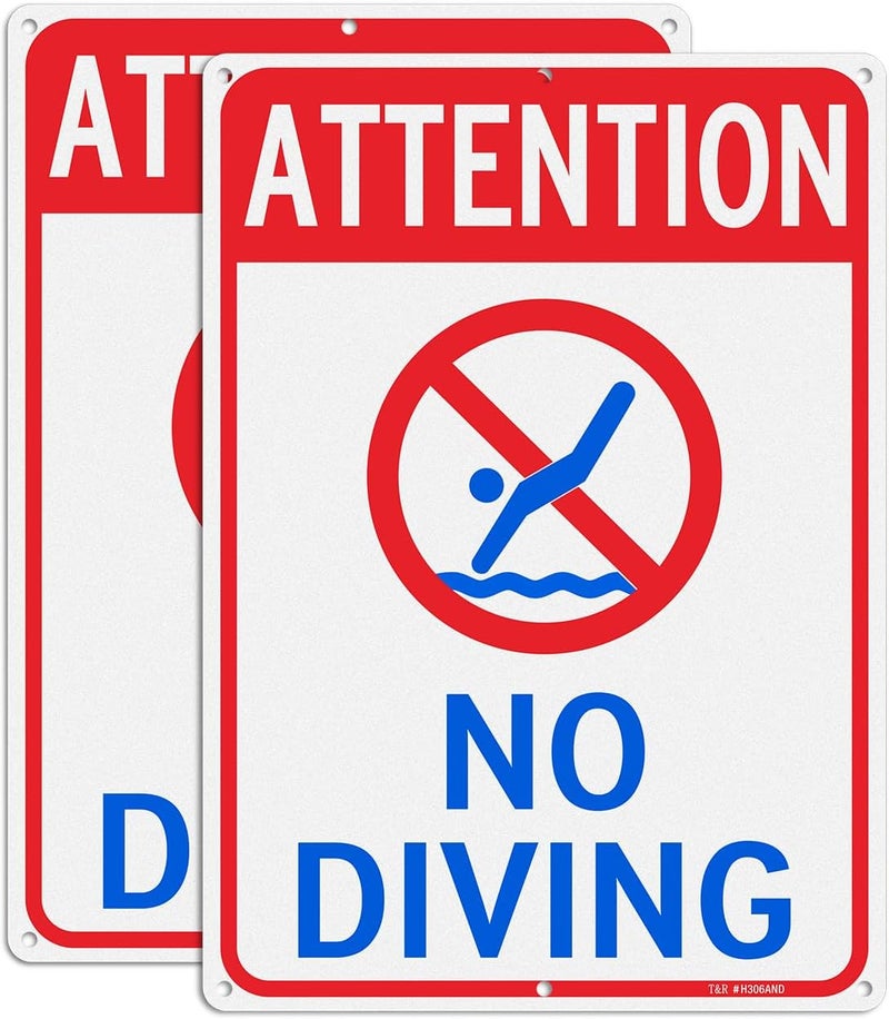 TR Attention No Diving Sign - 2 Pack - 14"x10" .040 Rust Free Heavy Aluminum, Reflective, Waterproof, Weatherproof and Fade Resistant, 6 pre-drilled holes, Easy to Mount - Image 1